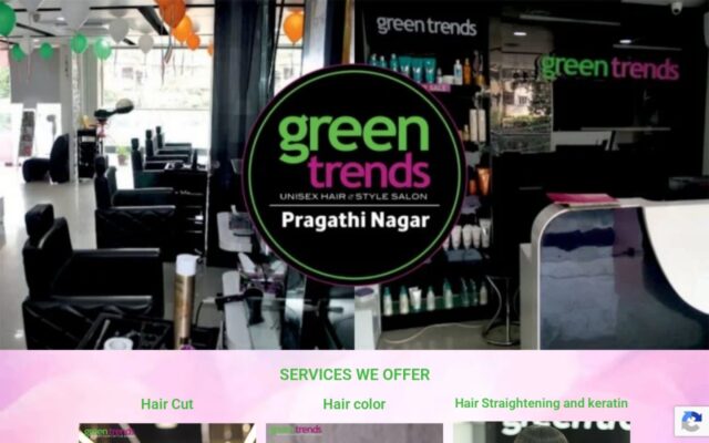 Homepage of the Green Trends Pragathi Nagar salon website, built and hosted by DeskBees