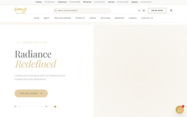 Homepage of the K Prive Salon website