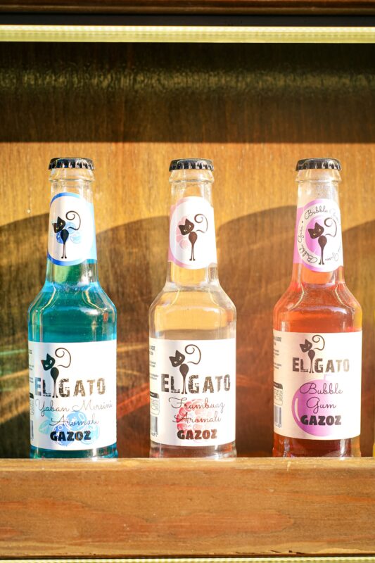 Colourful labelled drink bottles