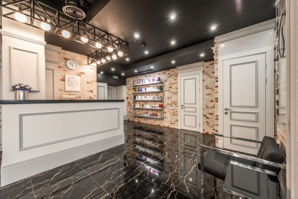 Salon interior with styling stations