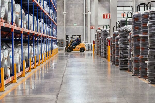 Warehouse aisle with a forklift