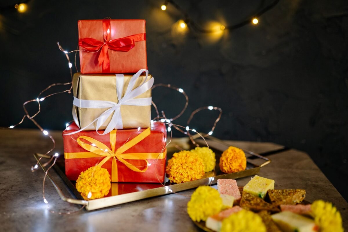 Diwali festive gifts with lights representing corporate gifting season